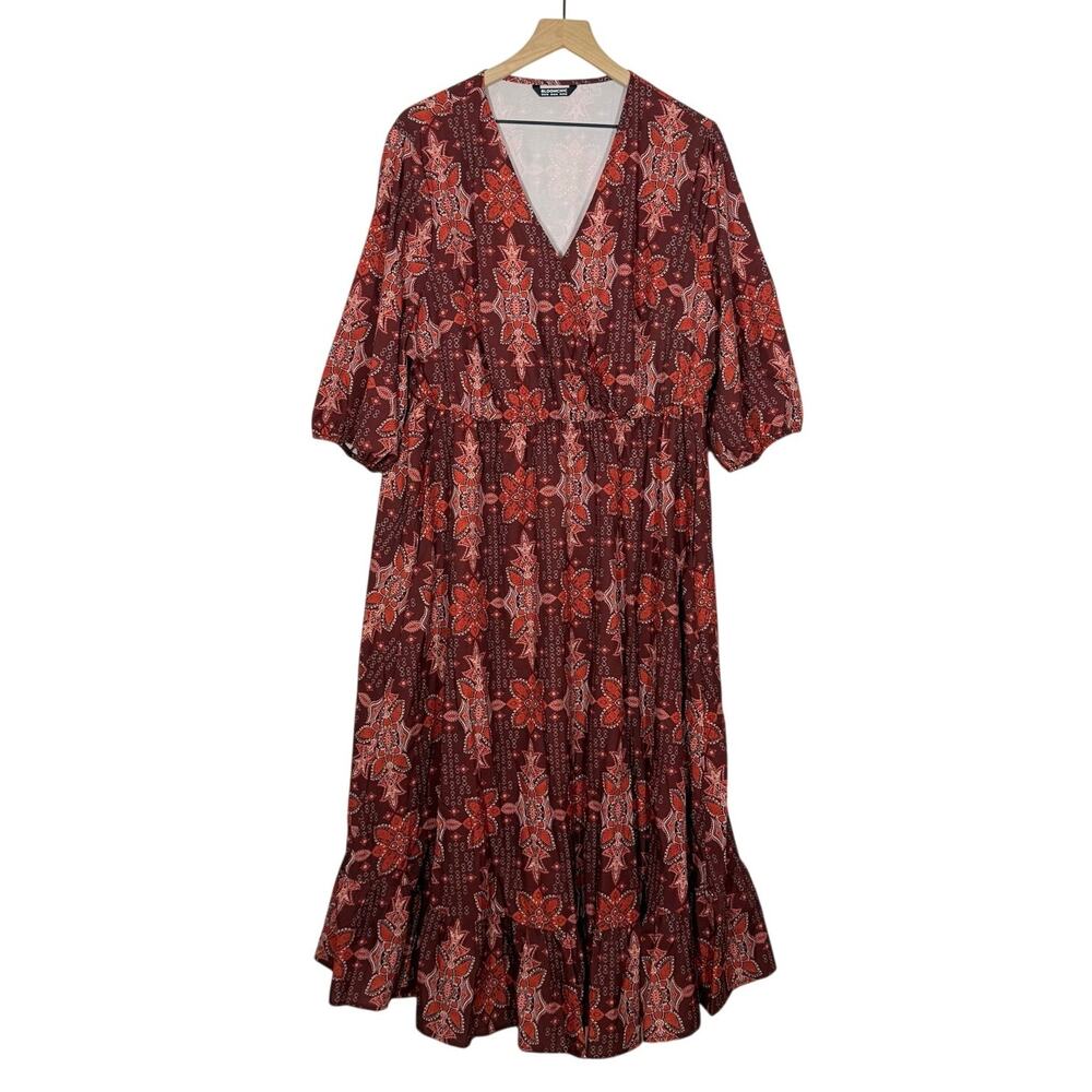 Bloomchic Dress Women's Size 18-20 Red Floral V-Neck Ruffle Hem‎ Lantern Sleeve